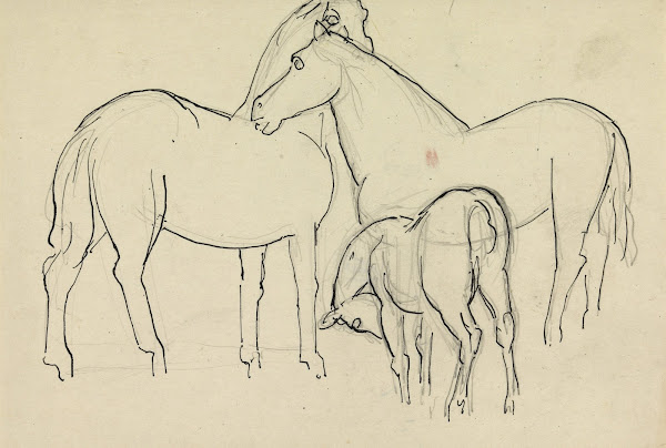 Schetsblad met drie paarden 20th century