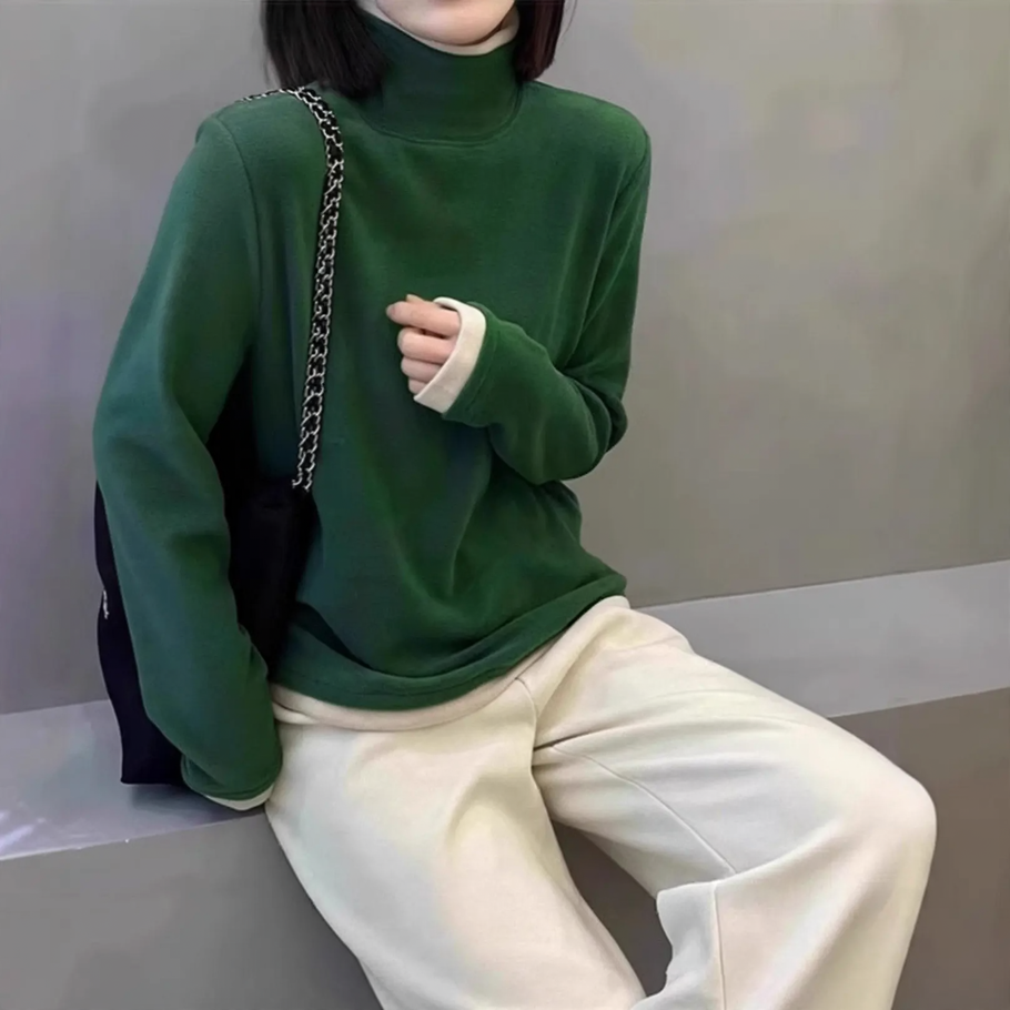 Women's long-sleeve shirt with stand-up collar and faux layer look