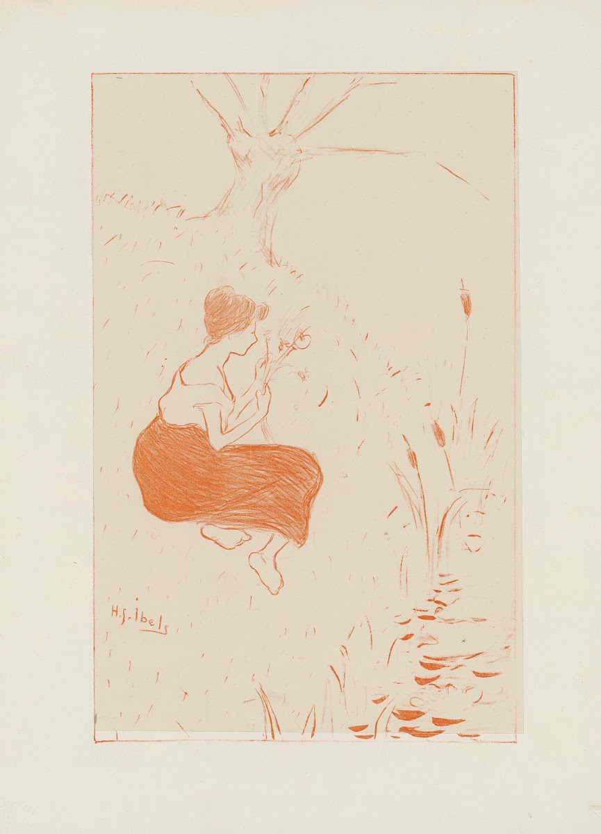 Femme assise dans lherbe faisant un bouquet de fleurs 1895 1900