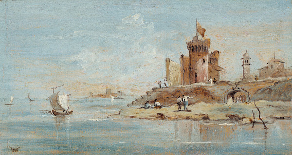 Caprice avec forteresse en ruine au bord de la lagune