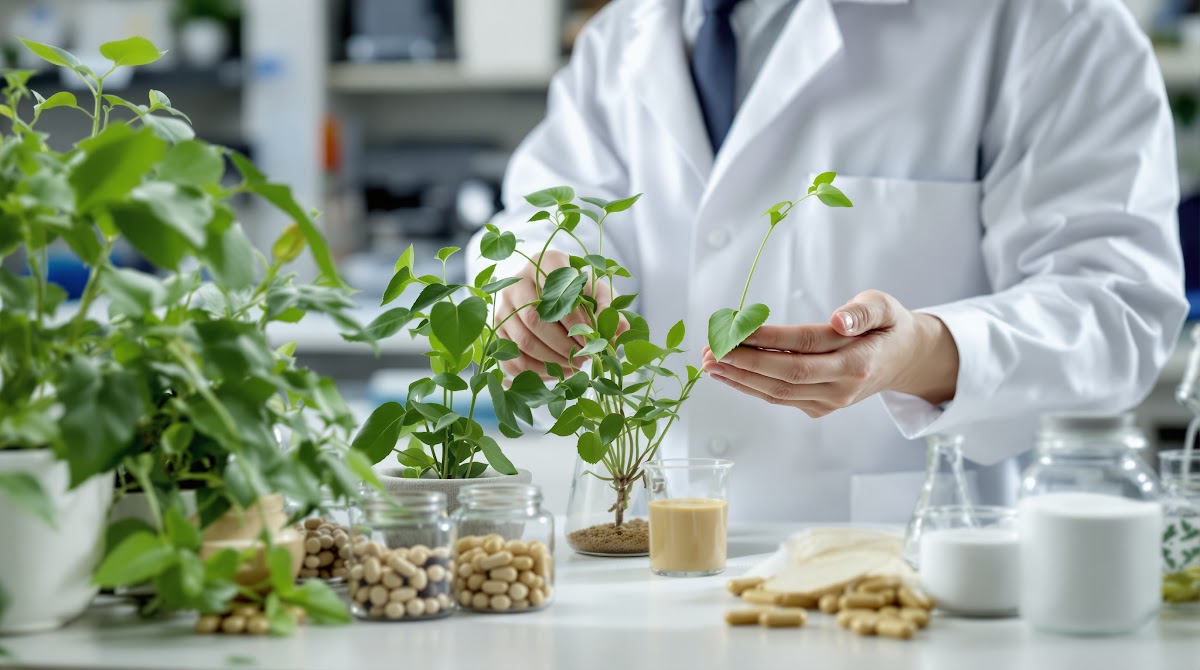 돌외입영양제  연구실 책상 위에 돌외입 잎, 추출물 비커, 다양한 영양제 제형(캡슐·분말·액상)이 놓여 있고, 실험복을 입은 과학자가 돌외입영양제의 성분 분석을 진행하는 모습. 배경에는 영양소 구조와 데이터 차트가 함께 보이