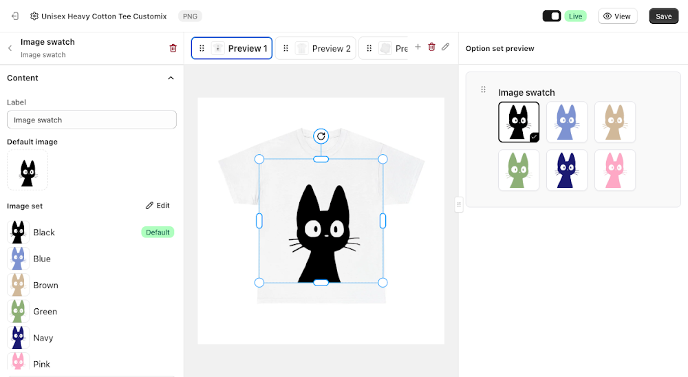 Content panel after importing, showing Black, Blue, Brown, Green, Navy, and Pink in the Image set with Black marked Default