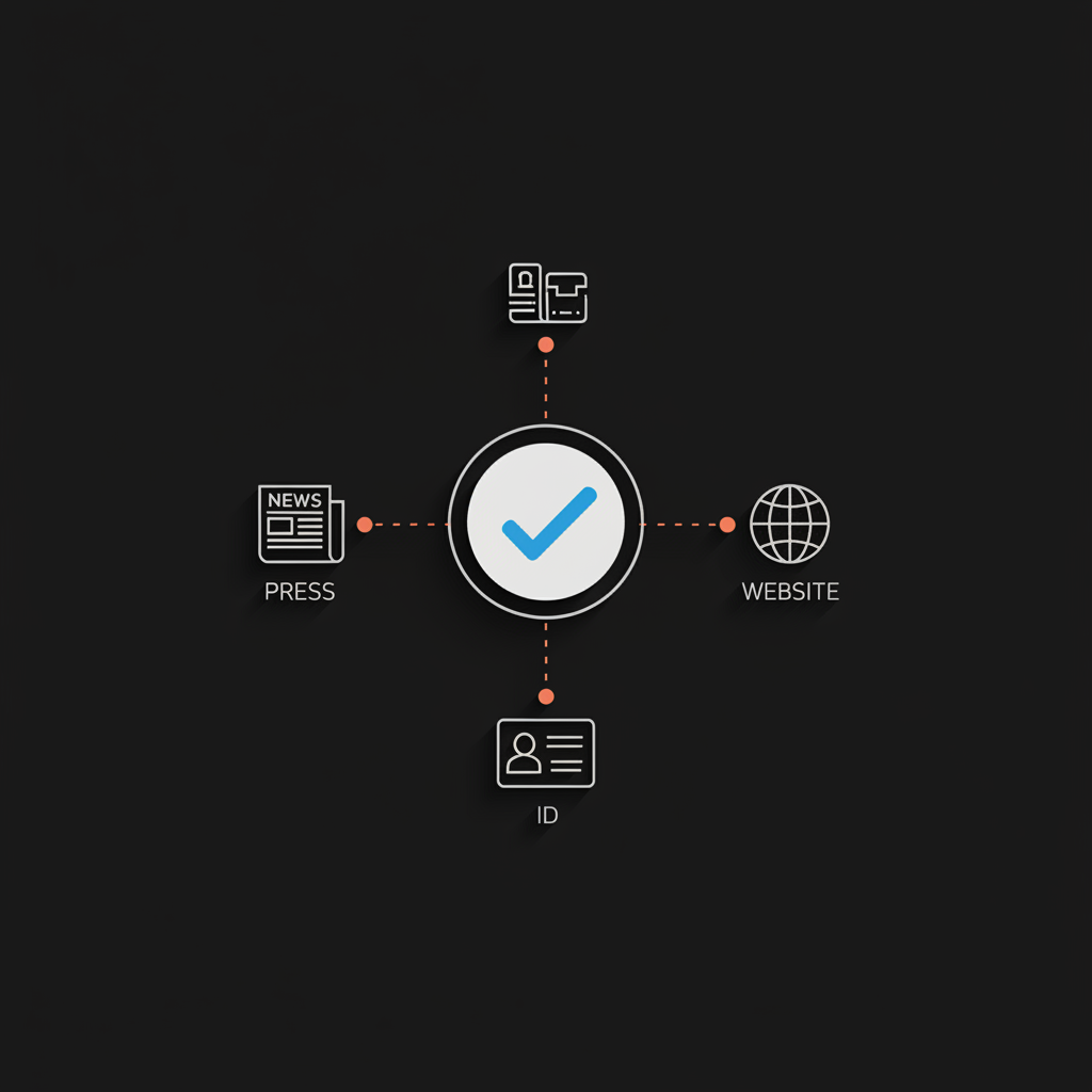 Minimal infographic with a centered verified badge showing a blue checkmark, surrounded by small vector icons for press, ID, and website on a black background — what does the blue tick mean on Instagram