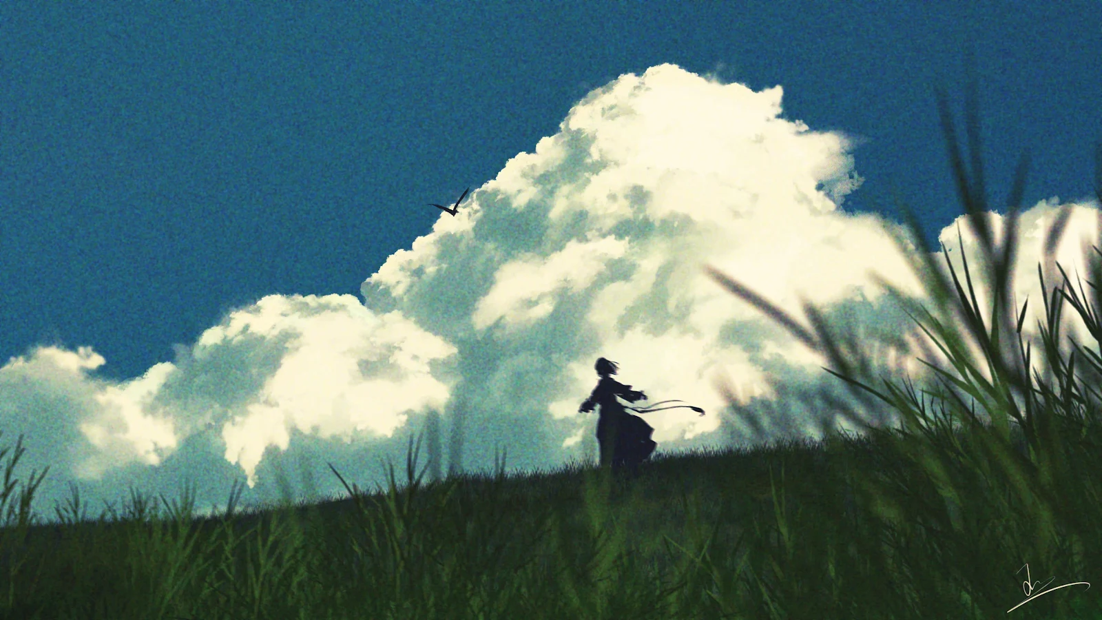 Girl Under Giant Summer Clouds - Digital Anime Art 4K Wallpaper (3840x2160)