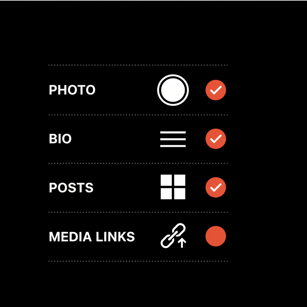 Minimal full-frame infographic checklist with icons for profile photo, bio, public posts, and media links using brand colors to help get verified on Instagram