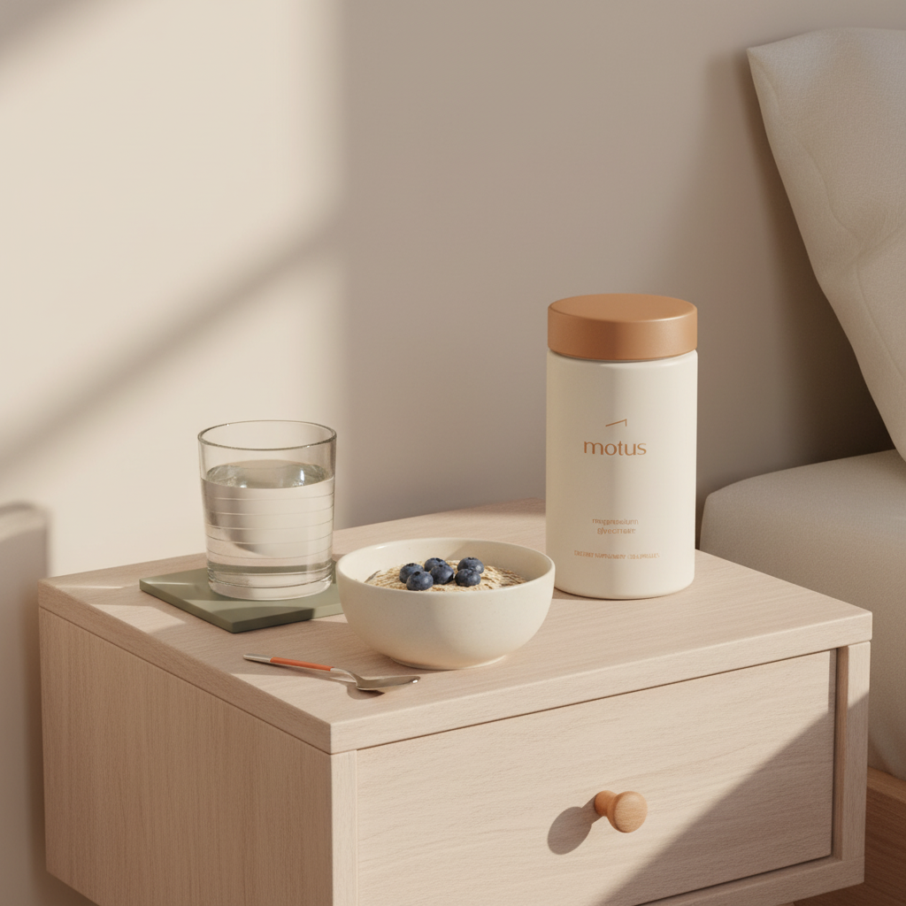 Minimalist bedside still-life with Tonum supplement jar labeled magnesium glycinate beside a glass of water and a small bowl of oats on a light wooden table against a soft beige background