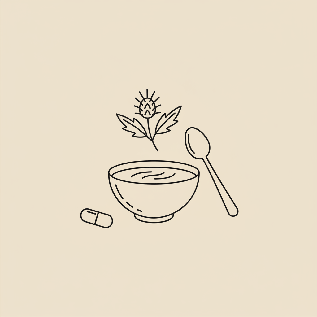 Minimal Tonum-style line illustration of a bowl of broth with a spoon, capsule and milk thistle sprig on beige background for a 5 day metabolic reset.