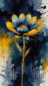 Abstract Watercolor Flower Splatter Art Blue Yellow