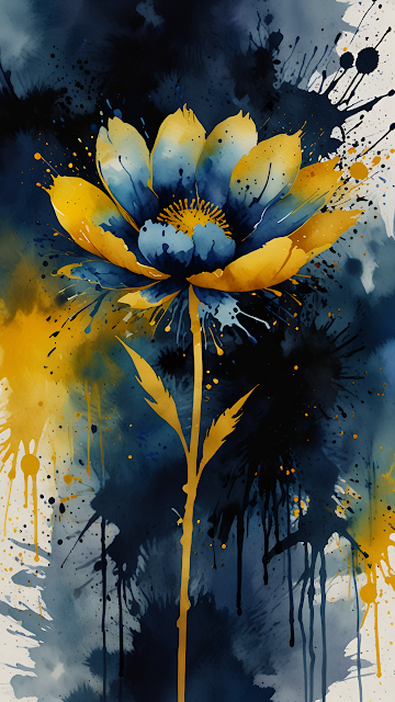 Abstract Watercolor Flower Splatter Art Blue Yellow - Free mobile Wallpaper
