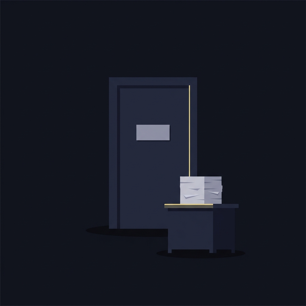 Minimalist vector depiction of a neutral office door with a blank sign and a neat stack of official filings on a side table representing registered agent services for american wagering