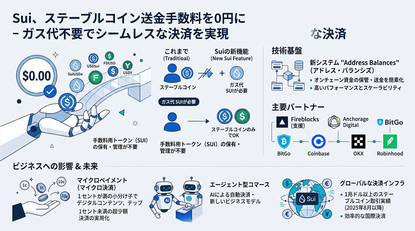Suiがガス代無料のステーブルコイン送金機能を開始、主要カストディや取引所も対応