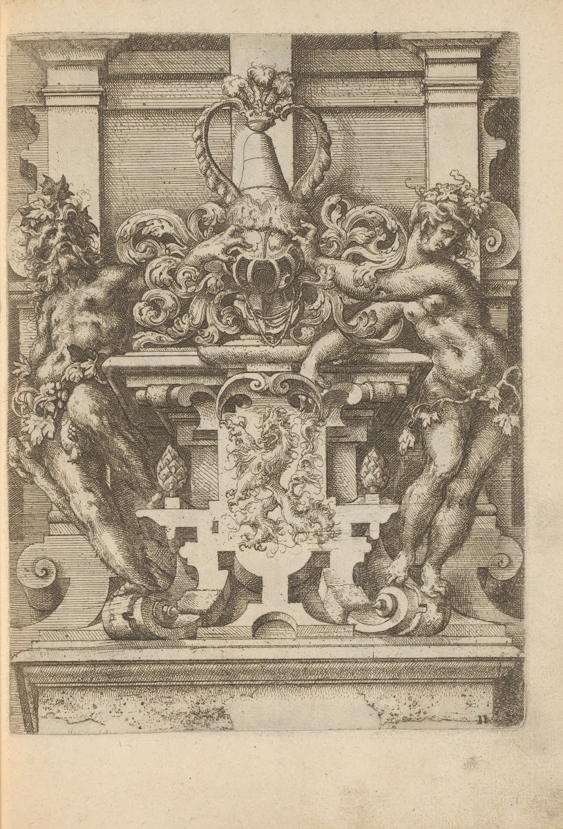 Pedestal with coat of arms flanked by man and woman dressed in foliage 1593 1595