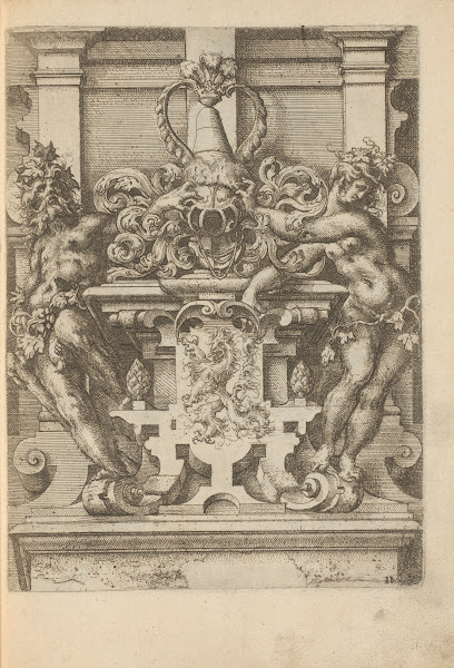 Pedestal with coat of arms flanked by man and woman dressed in foliage 1593 1595