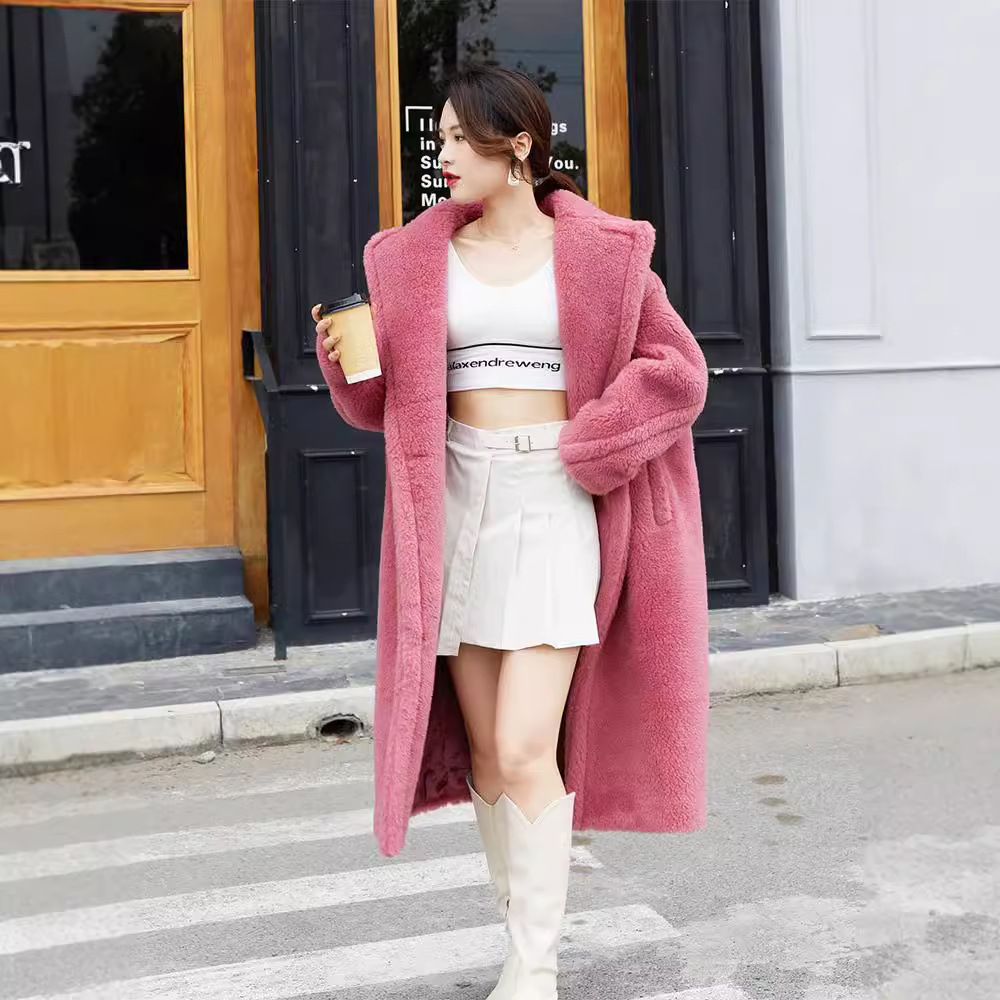 Teddy coat, medium length, color: raspberry pink