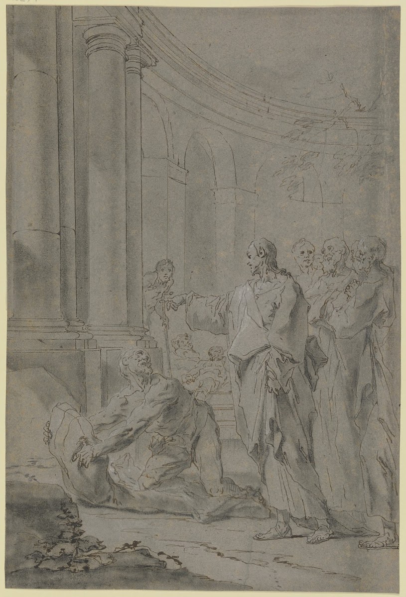 Christus heilt den Lahmen Christus mit den Jüngern steht in einem Säulenhof vor
