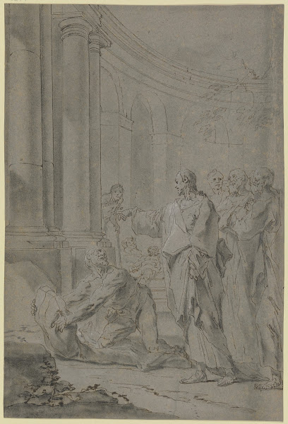 Christus heilt den Lahmen Christus mit den Jüngern steht in einem Säulenhof vor