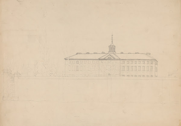 Large building with a cupola behind a high wall 1809 1844