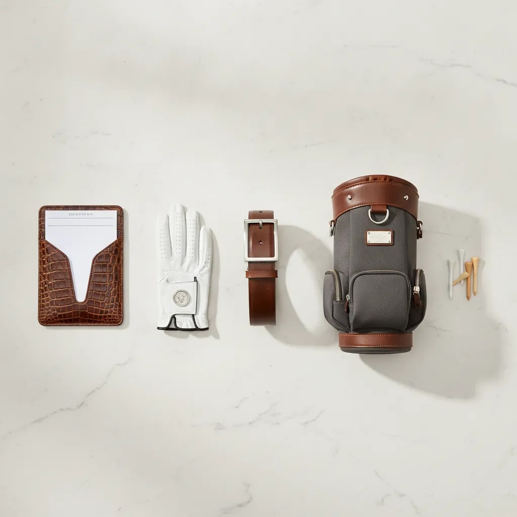 Golf accessories gift ideas by price featuring premium leather scorecard holder belt and custom day bag