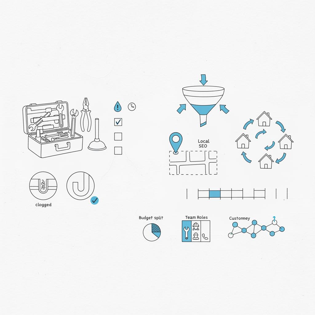 Vector notebook-style sketch of a plumber's toolbox, pipe cross-sections, and marketing funnel diagrams illustrating How to get more plumbing customers?