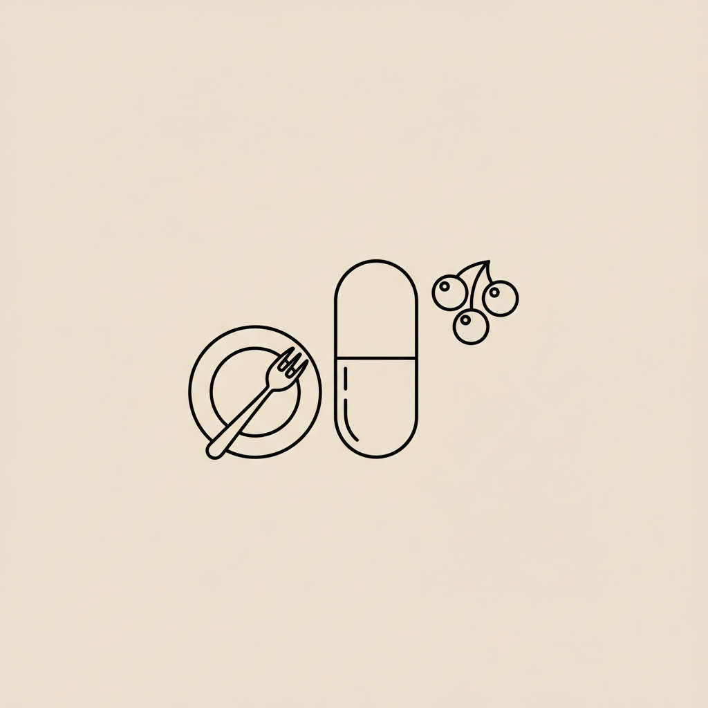 Minimalist vector line illustration of a capsule, plate with fork, and berry cluster on beige background, representing safe weight loss pills and balanced nutrition.