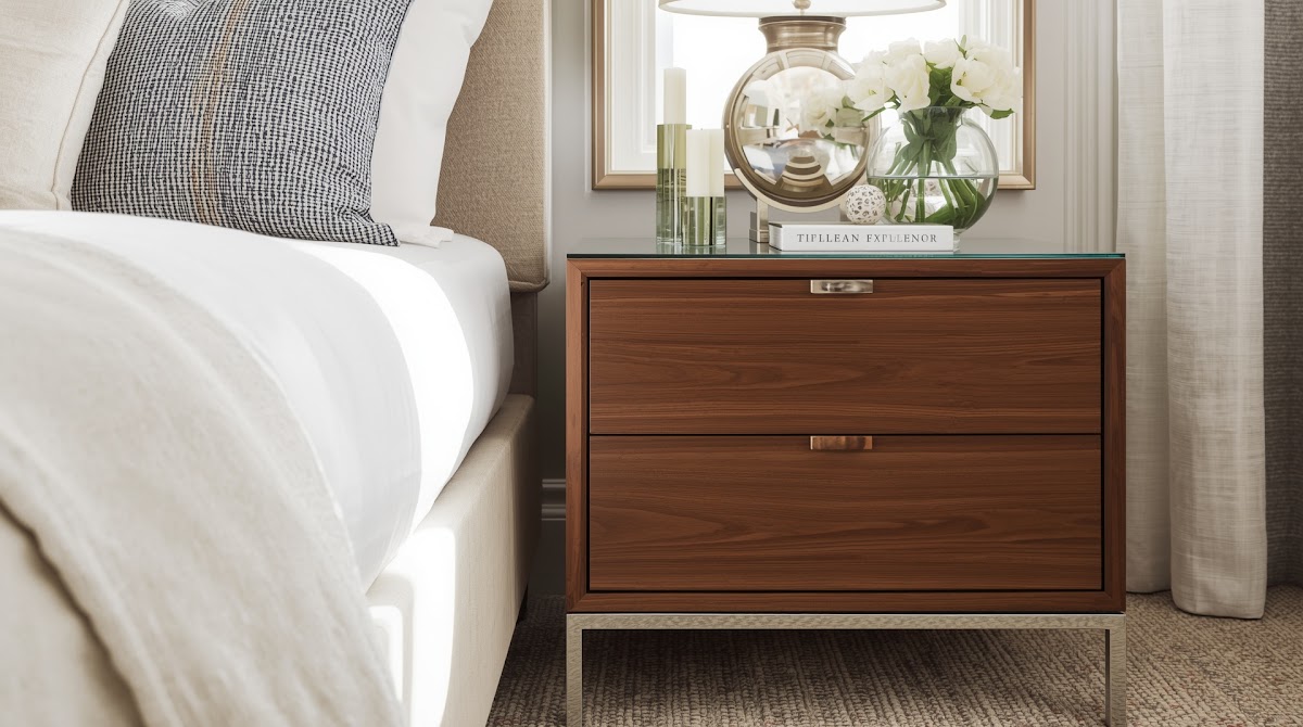 How to Use Chrome Bedroom Decor With Walnut Nightstands - final inviting chrome and warm wood living room styling reveal