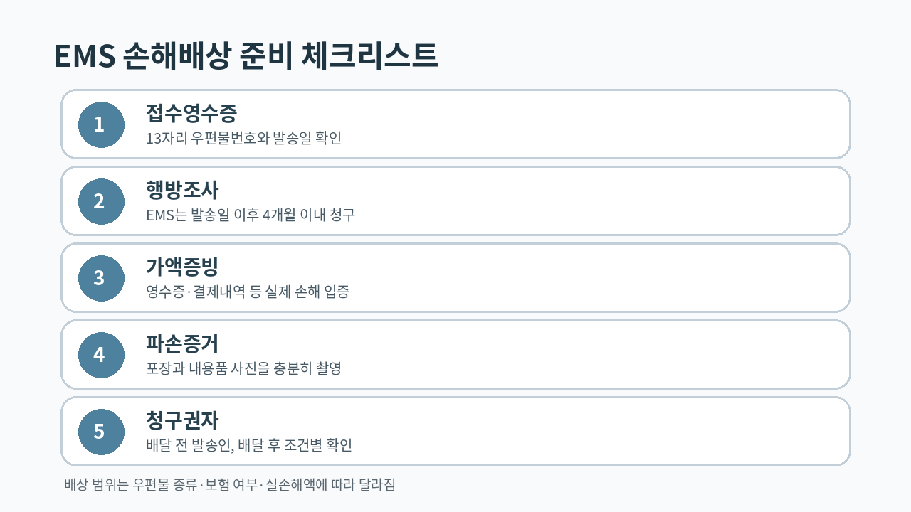 EMS 손해배상
청구에 필요한 영수증 행방조사 가액증빙 파손사진 청구권자를 정리한 이미지