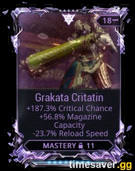 A Warframe Riven Mod card showing randomized stats tied to a specific weapon