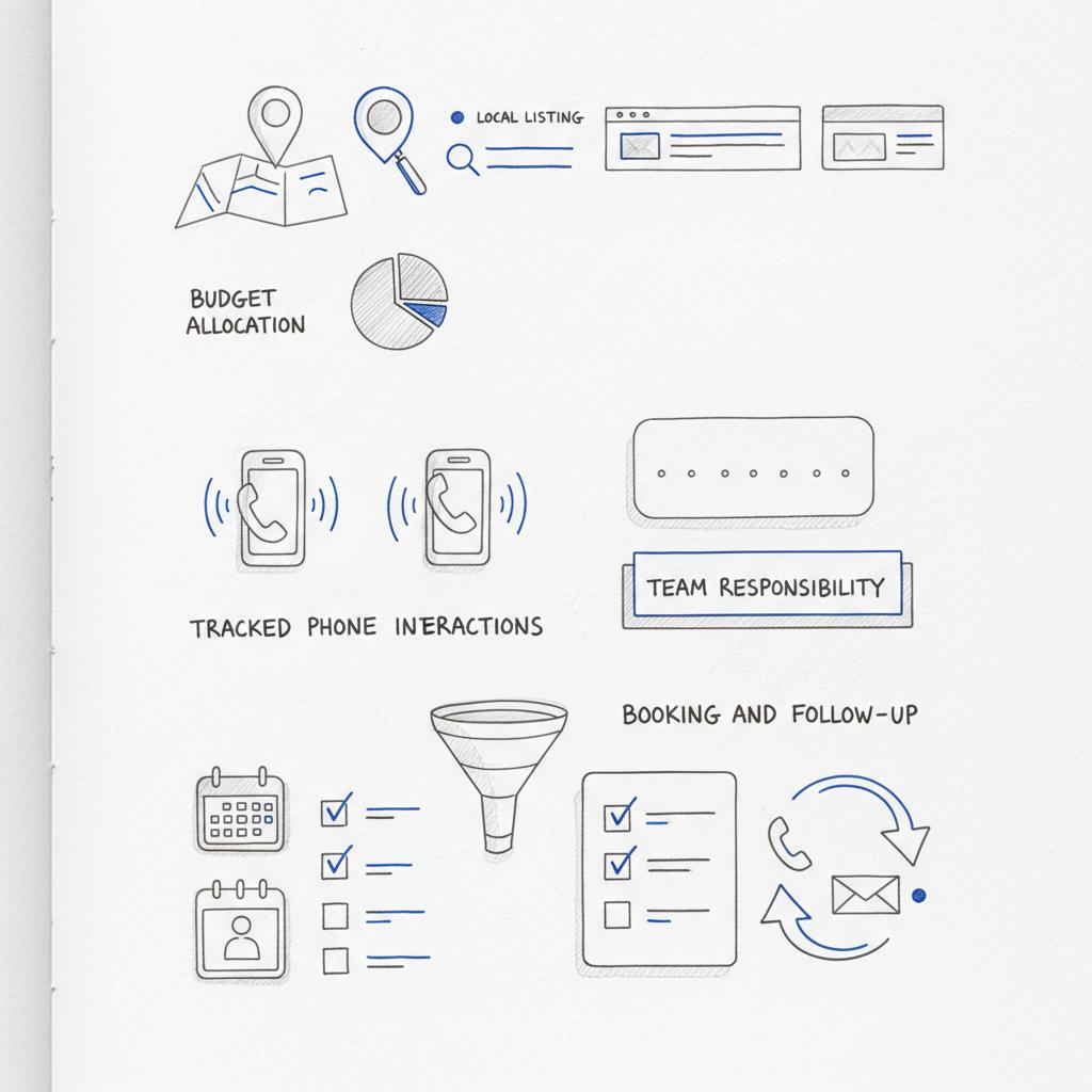 Notebook sketch of a local search funnel for a plumbing business showing discovery icons, tracked calls, Google Business Profile notes, booking and follow-up &mdash; how to advertise a plumbing business locally