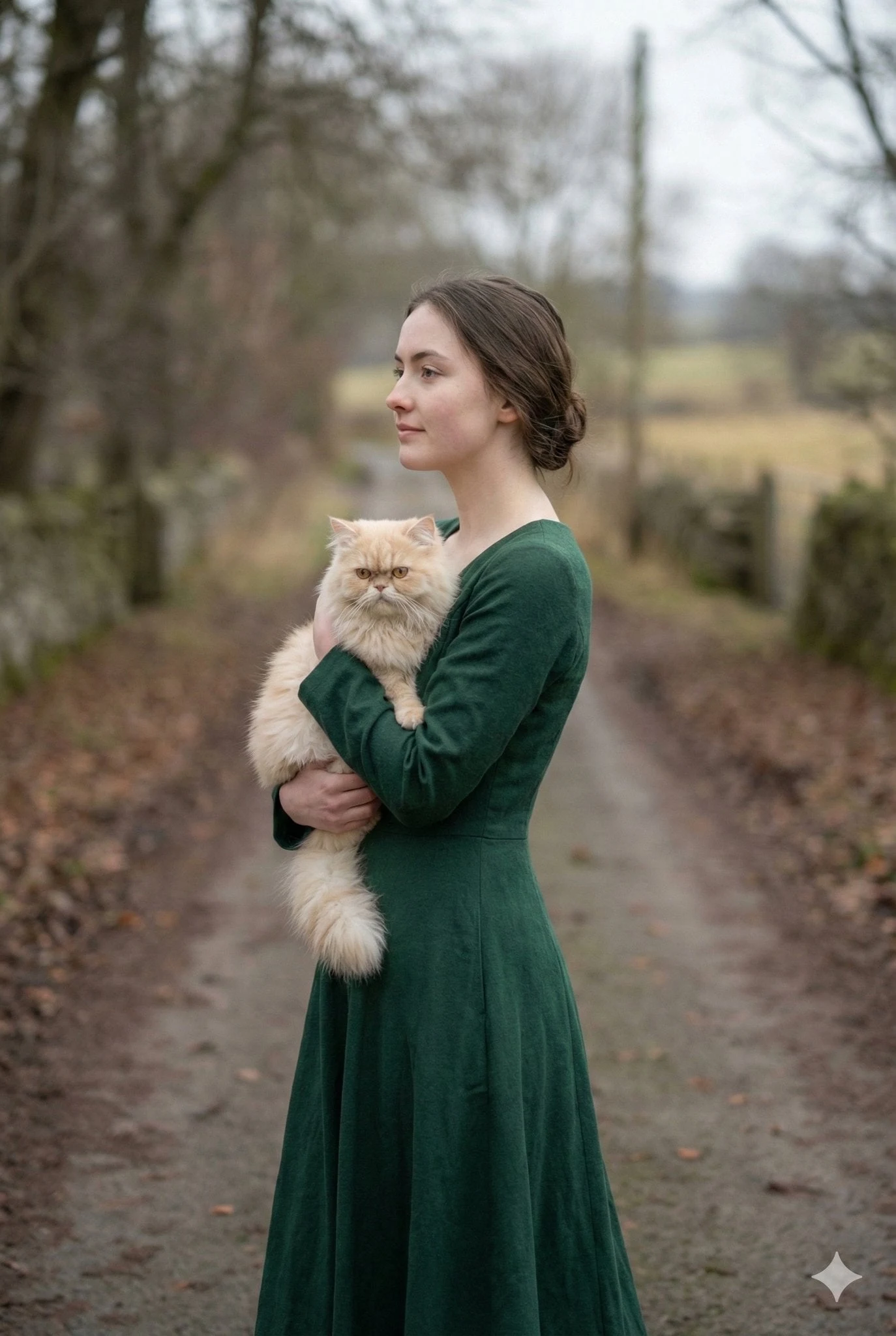 Retrato de una joven de unos veinte años caminando tranquilamente por un hermoso camino, sosteniendo un pequeño gato persa...