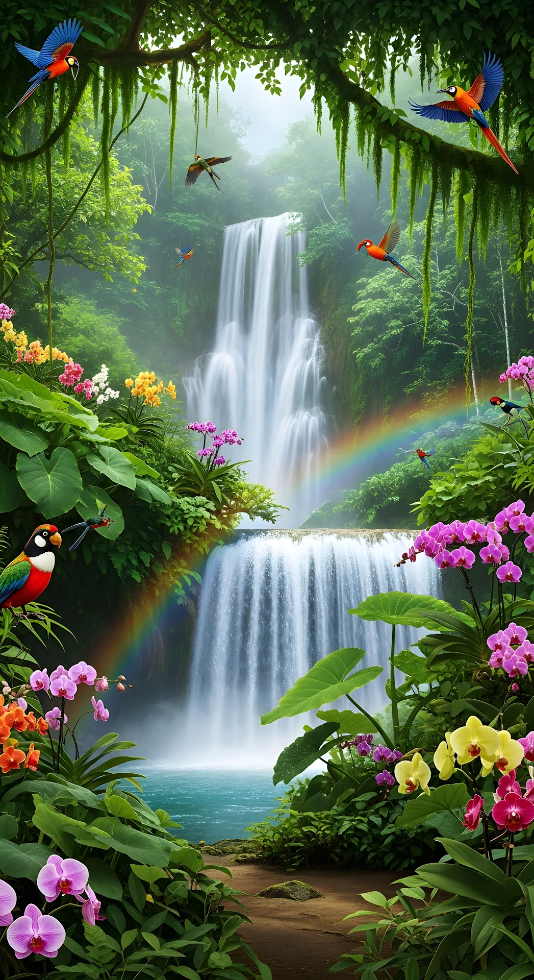 Vibrant Jungle Waterfall Rainbow Exotic Birds Tropical Orchids - Free 4K mobile Wallpaper