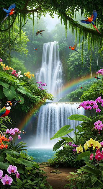 Vibrant Jungle Waterfall Rainbow Exotic Birds Tropical Orchids - Free mobile Wallpaper