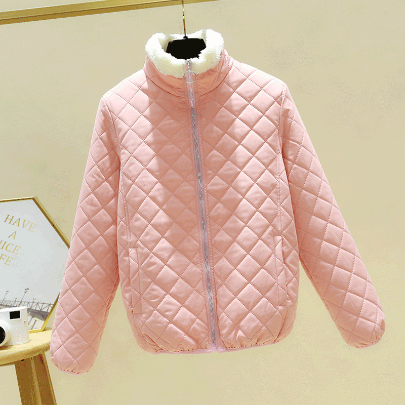 Light women's quilted jacket with faux shearling and stand-up collar