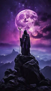 Hooded Figure with Staff Under Purple Moon