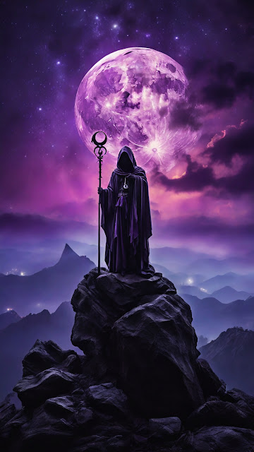 Hooded Figure with Staff Under Purple Moon - Free mobile Wallpaper