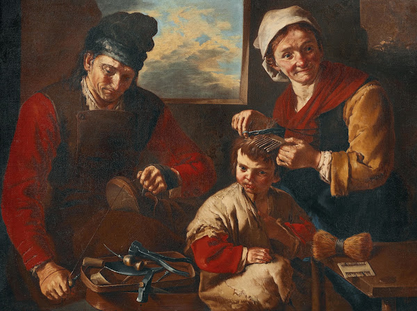A cobbler and a woman cutting a childs hair