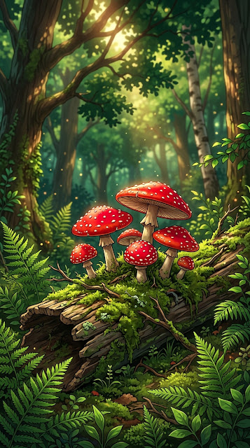 Vibrant Red Mushrooms in Forest Illustration - Free mobile Wallpaper