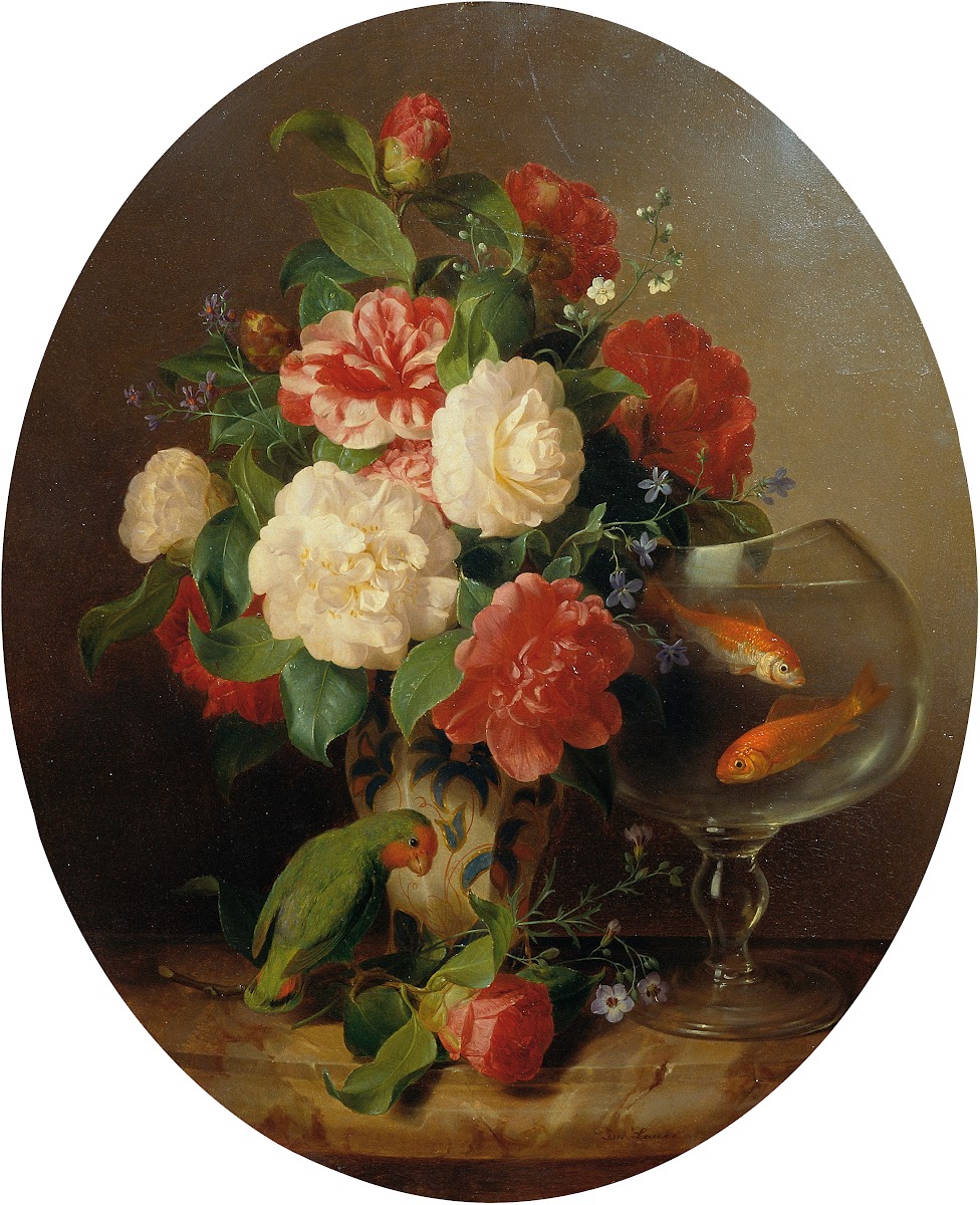 Blumenstück mit Goldfischglas