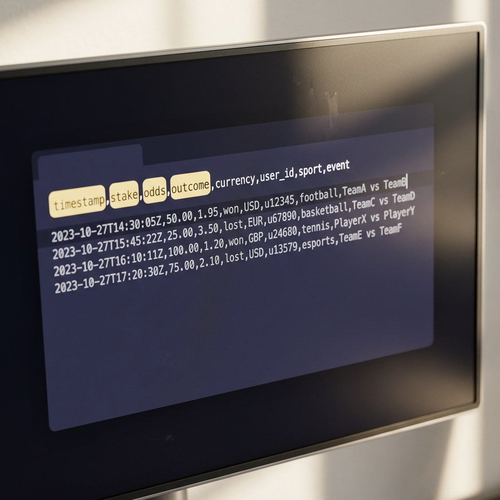 Close up of a CSV file in a minimalist dark text editor highlighting timestamp stake odds and outcome columns Turning Bet History into Actionable Insights