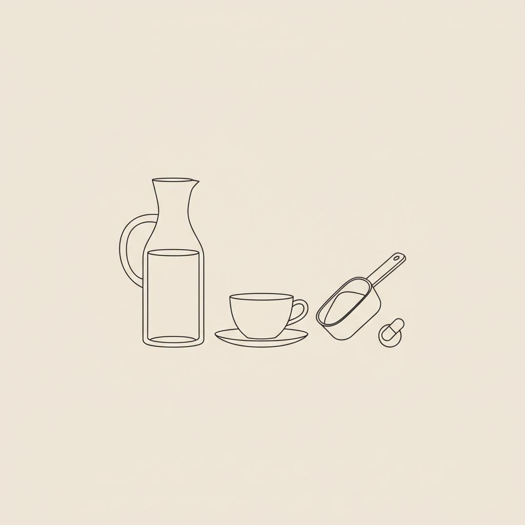 Minimalist Tonum-style line illustration of a water carafe, tea cup, protein scoop and capsule representing drinks to reduce lower belly fat on beige background