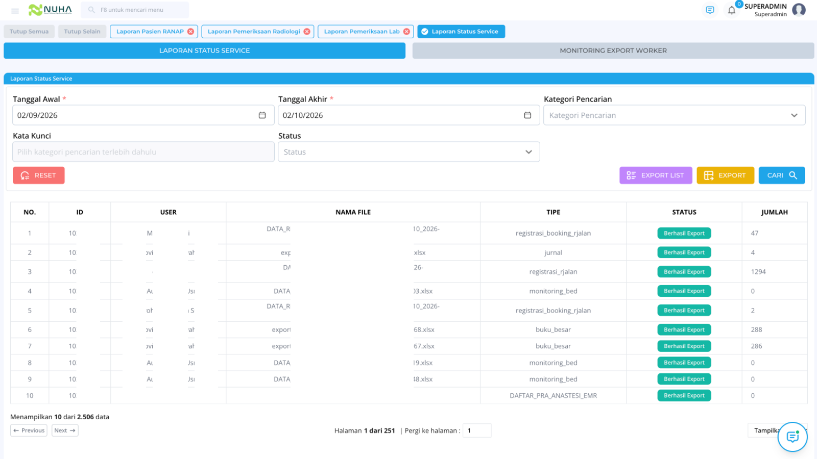Tampilan fitur Laporan Integrasi & Service pada Modul Report NUHA
