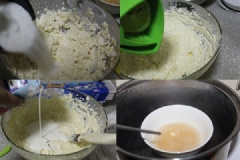 Đổ 50g đường cát vào hỗn hợp đậu hũ, bơ và phô mai đã nghiền nhuyễn. Tùy theo khẩu vị của mỗi người mà thêm nước cốt chanh vào hỗn hợp trên và trộn đều. Nước cốt chanh có khả năng loại bỏ vị tanh của đậu hũ. Tuy nhiên, nếu không thích có thể không cho nước cốt chanh, hoặc cho nhiều hơn nếu thích vị chua. Tiếp tục đổ 80ml sữa tươi vào hỗn hợp và trộn đều. Đem bột thạch gelatine pha nước hấp cách thủy.