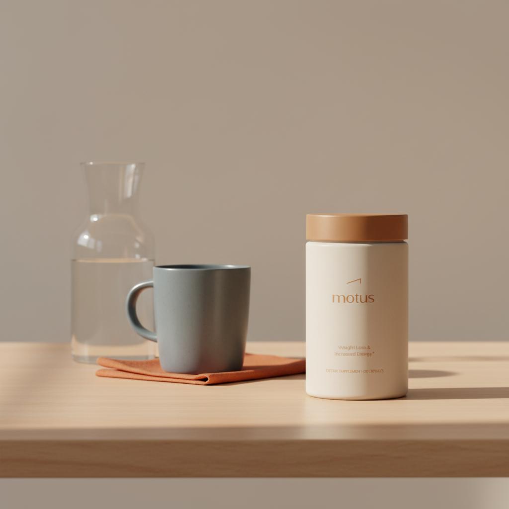 Tonum supplement container on a light wooden table beside a ceramic mug and glass carafe on a beige background, minimalist morning scene — How can I improve my brain energy?