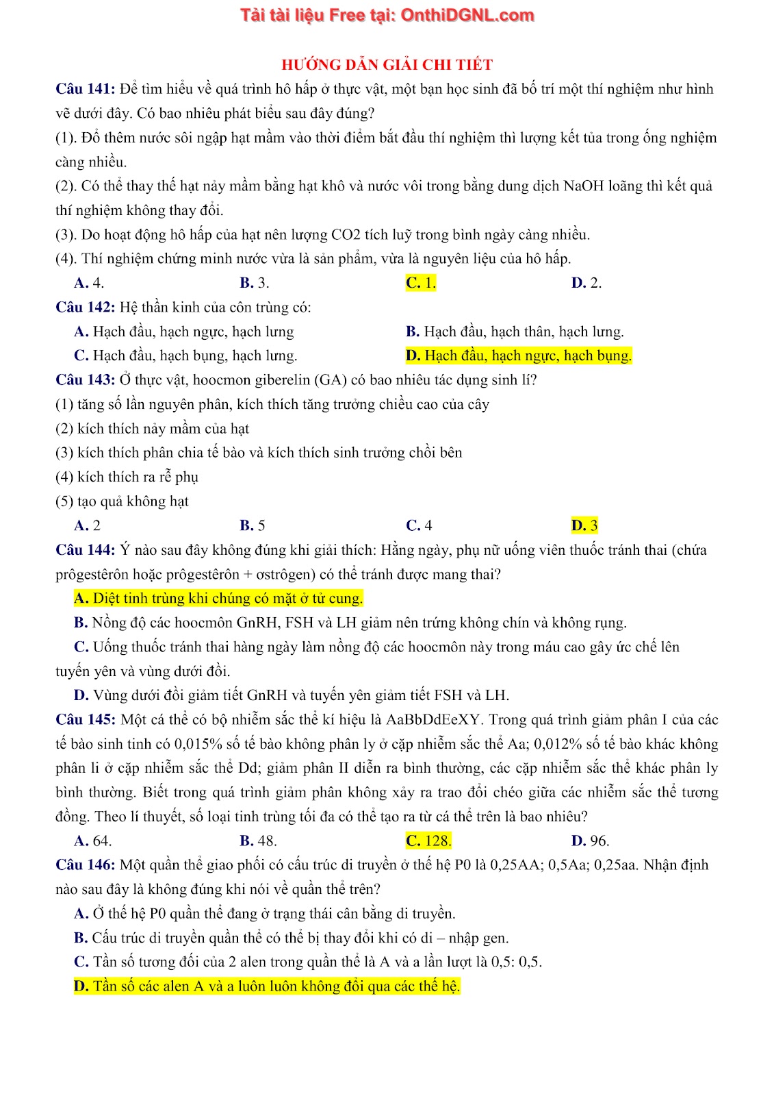 150 bài tập môn Sinh học - Ôn thi ĐGNL ĐHQG HN Phần 5