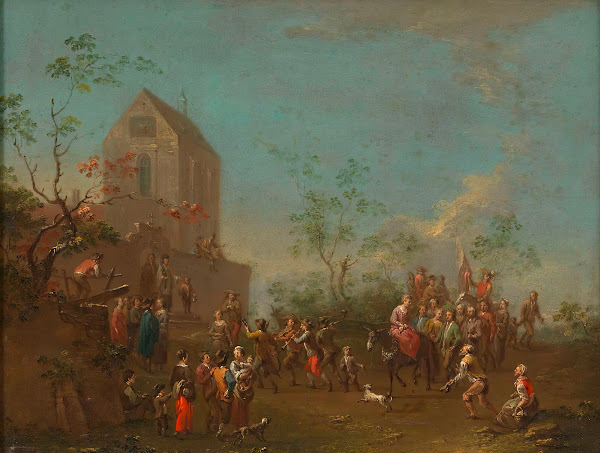 Festlicher Zug vor einer Kirche ca 17551760