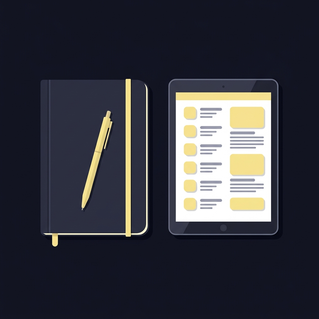 Top view vector of a notebook and tablet with a checklist and game notes pen on top minimalist editorial graphic for lakers pelicans prediction