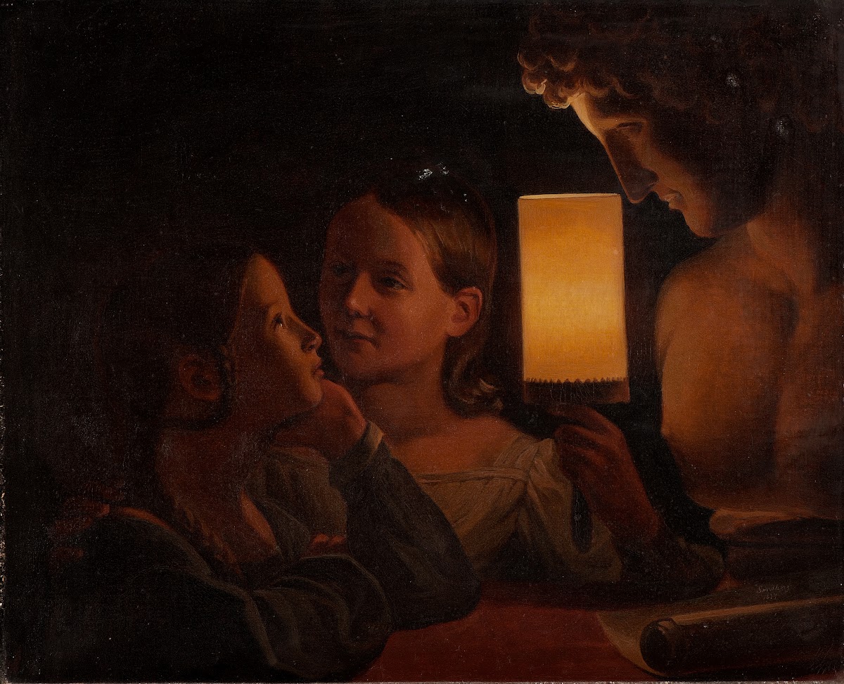 Two Children Illuminating a Sculpted Bust 1839