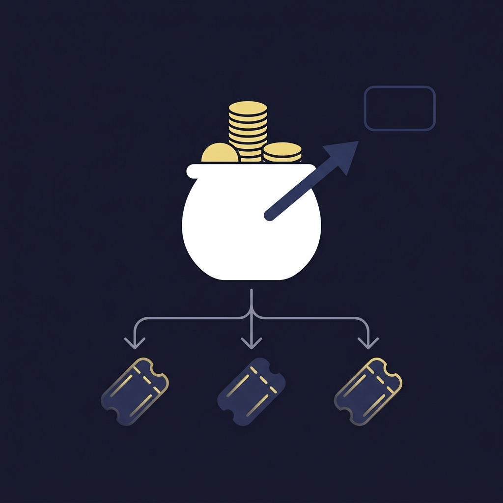 Minimal 2D vector of a money pool pot with an arrow removing takeout and three split arrows dividing coins to three winning units visually representing pick 4 calculator pool division