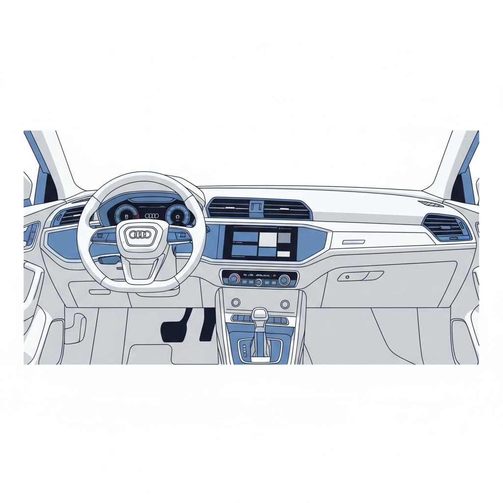 Minimalist 2D vector interior view of Audi Q3 dashboard with MMI infotainment screen and steering wheel no hands white background blue accents audi q3 for sale