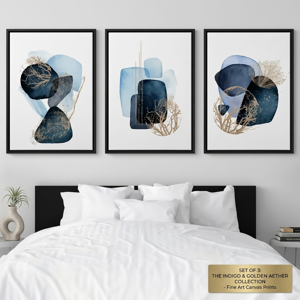Set of 3 Modern Abstract Canvas Wall Art (40x60cm each) – Indigo Blue & Gold Leaf Botanical Watercolor Triptych - Image 3