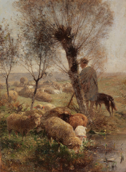 Schäfer mit Hund und Herde unter Weidenbäumen am Wasser 1890